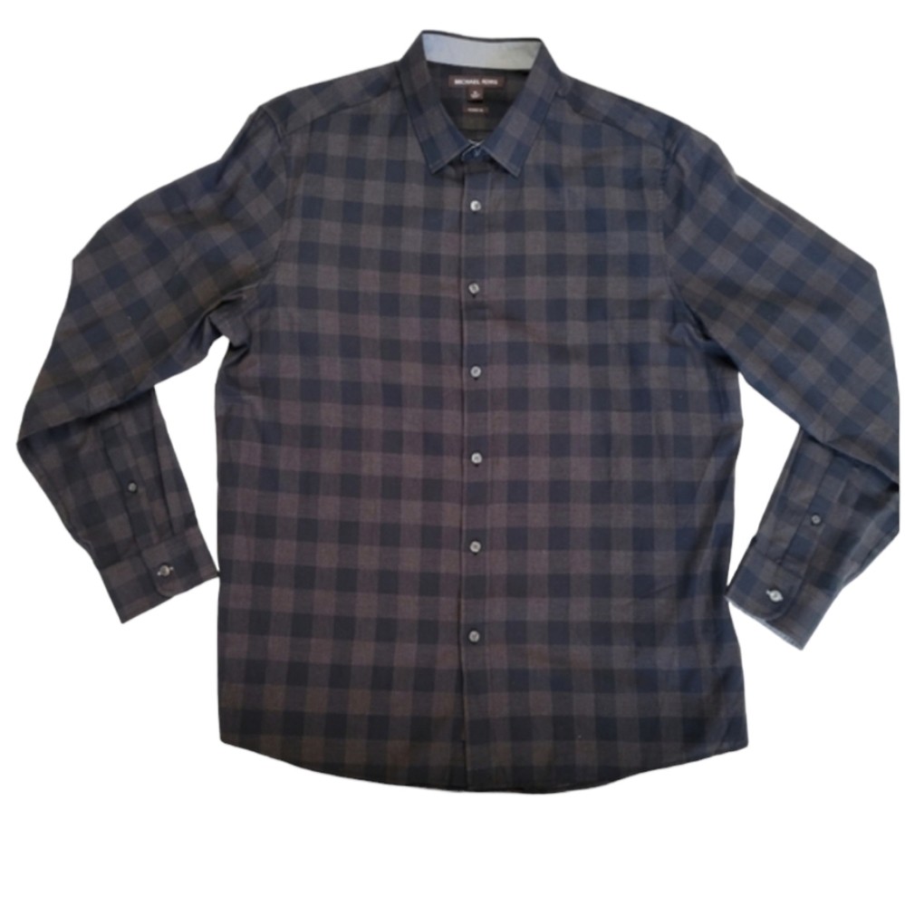 Michael Kors Classic Fit Long Sleeve Button Down Shirt Brown Plaid Lined ,XL